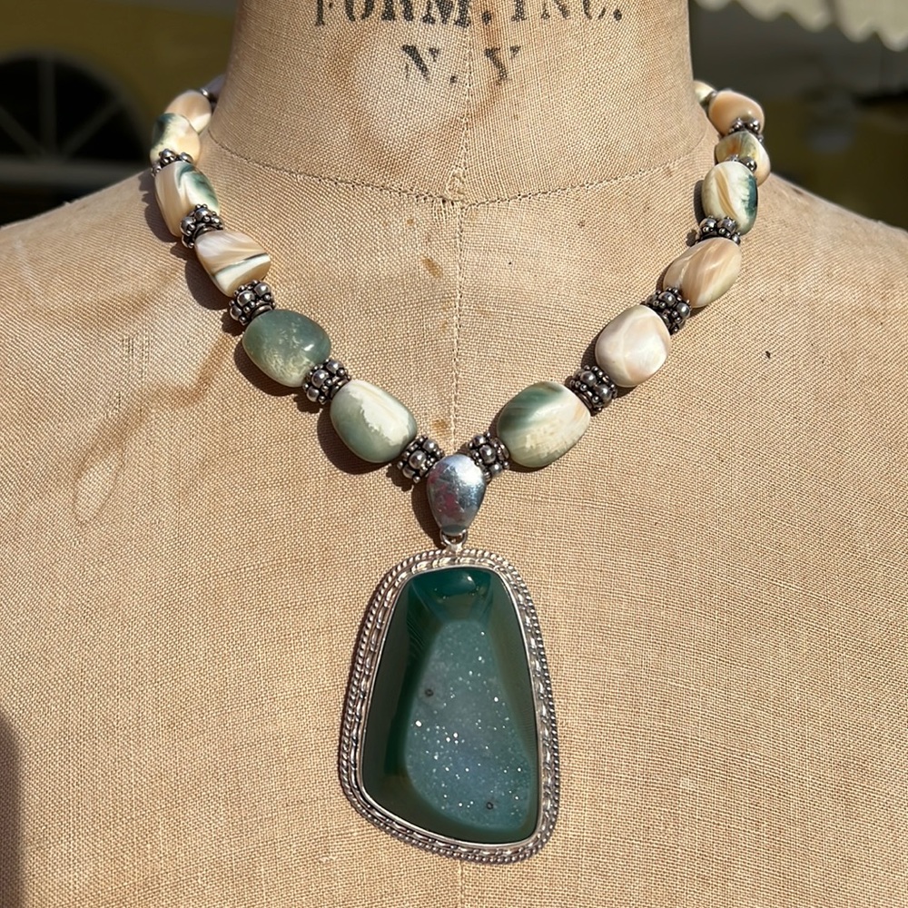Green Moss Agate Artisan Hand Made Sterling Silver Necklace Large Pendant